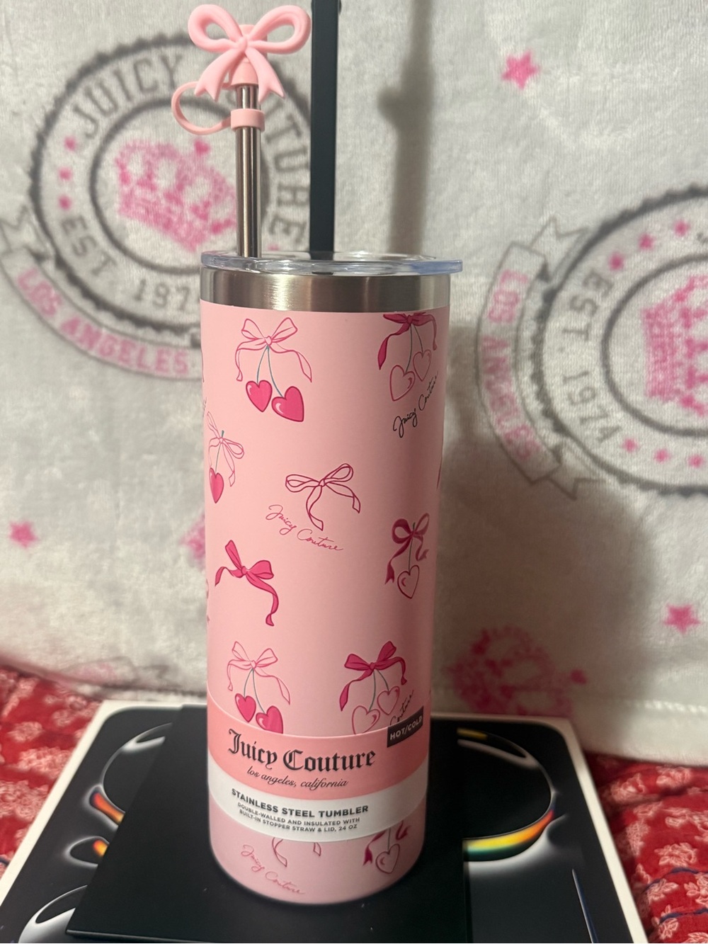 Juicy Couture 24 oz Pink Cherry Hearts & Bow Stainless Steel Tumbler w/ Straw